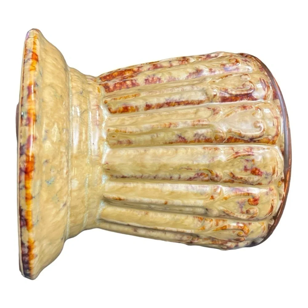 Vintage Glazed Ceramic Pedestal Pillar Candle Holder Heart Scroll 4.75 Inch